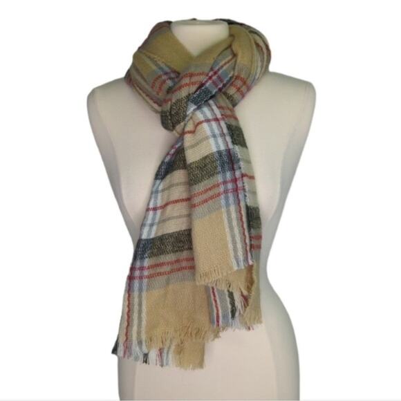 Beige Plaid Scarf Soft Cozy 80" x 26" Warm Winter Fringe Tartan Khaki - Picture 3 of 5